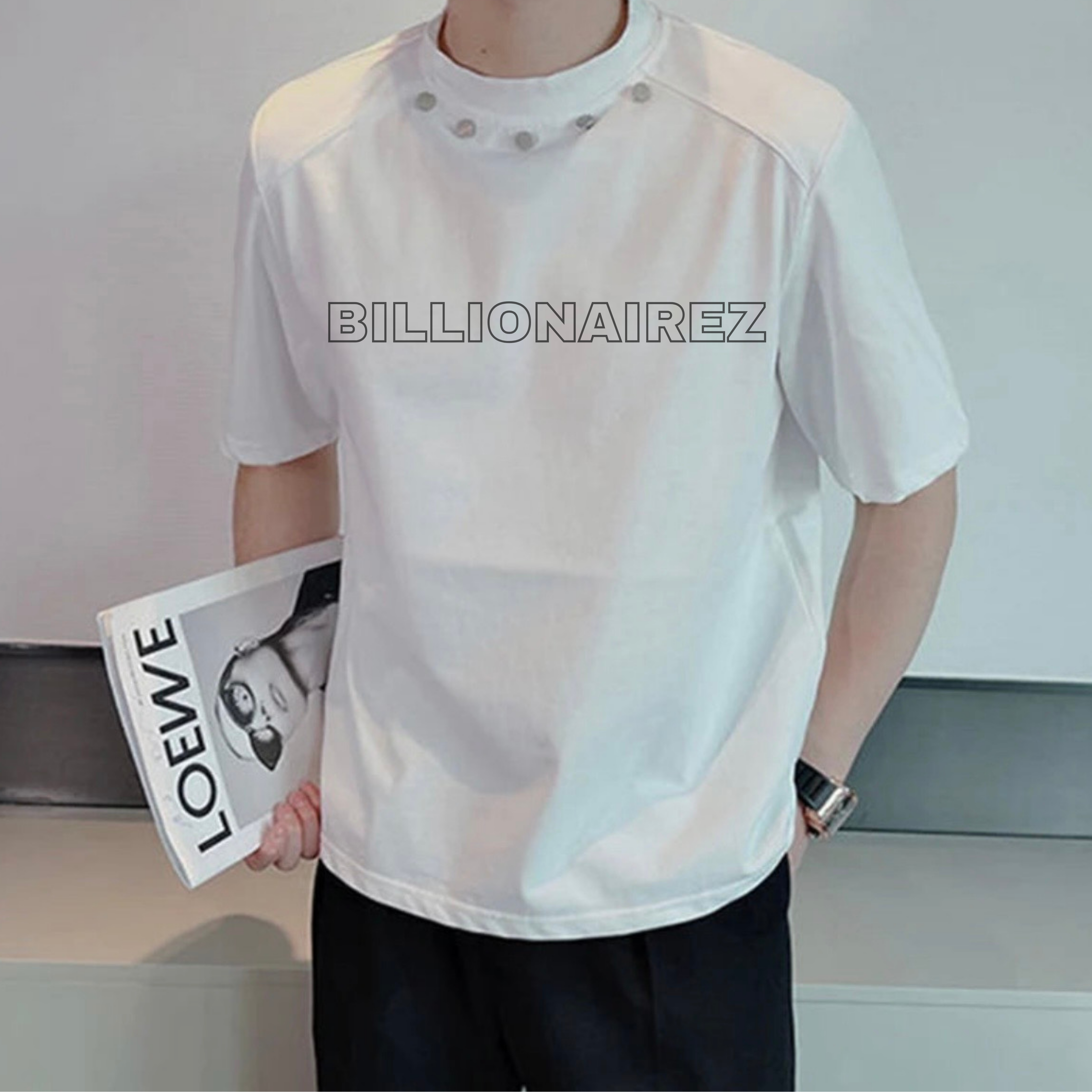 BILLIONAIREZ Neck-Rivet Oversized Tee – White