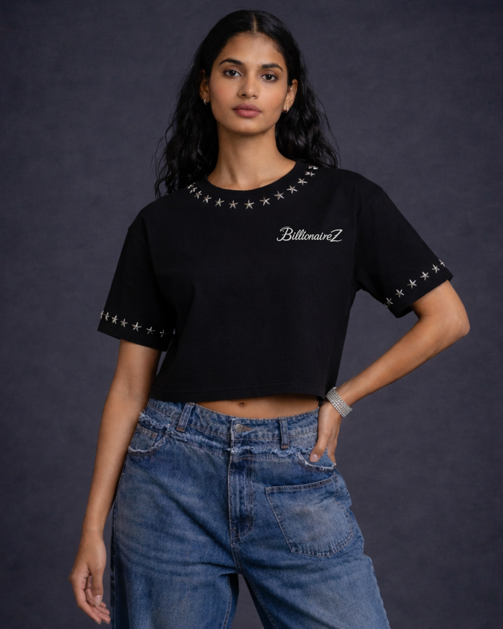BillionaireZ Star Studded Materialistic Crop Tee- Black