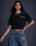 BillionaireZ Star Studded Materialistic Crop Tee- Black