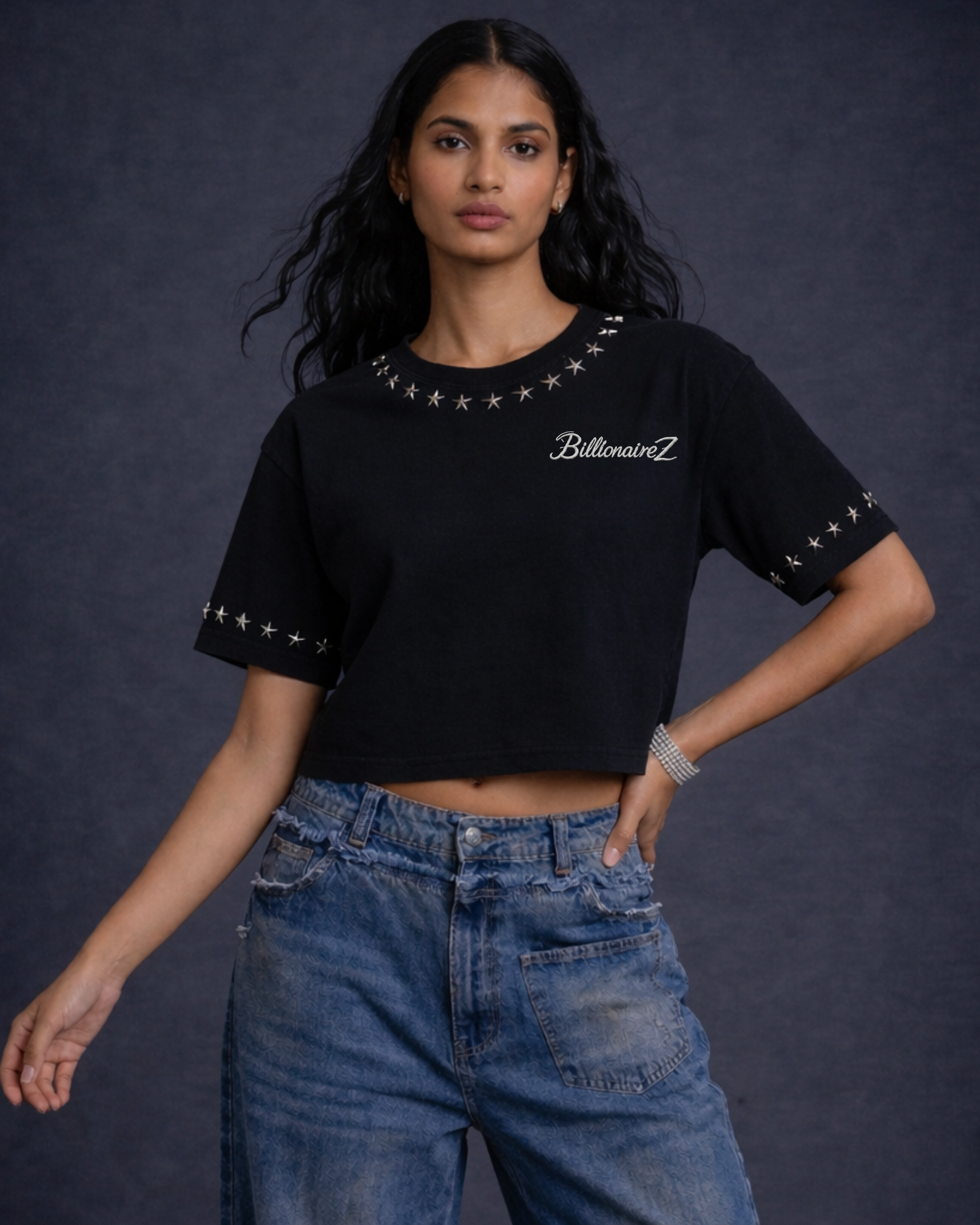 BillionaireZ Star Studded Materialistic Crop Tee- Black