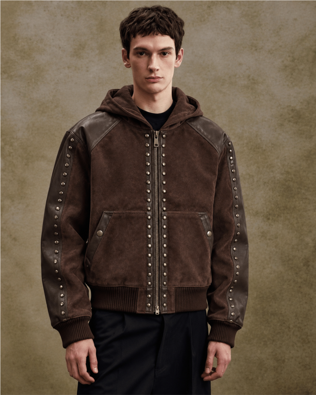 BillionaireZ Rivet Brown Suede Leather Hooded Jacket