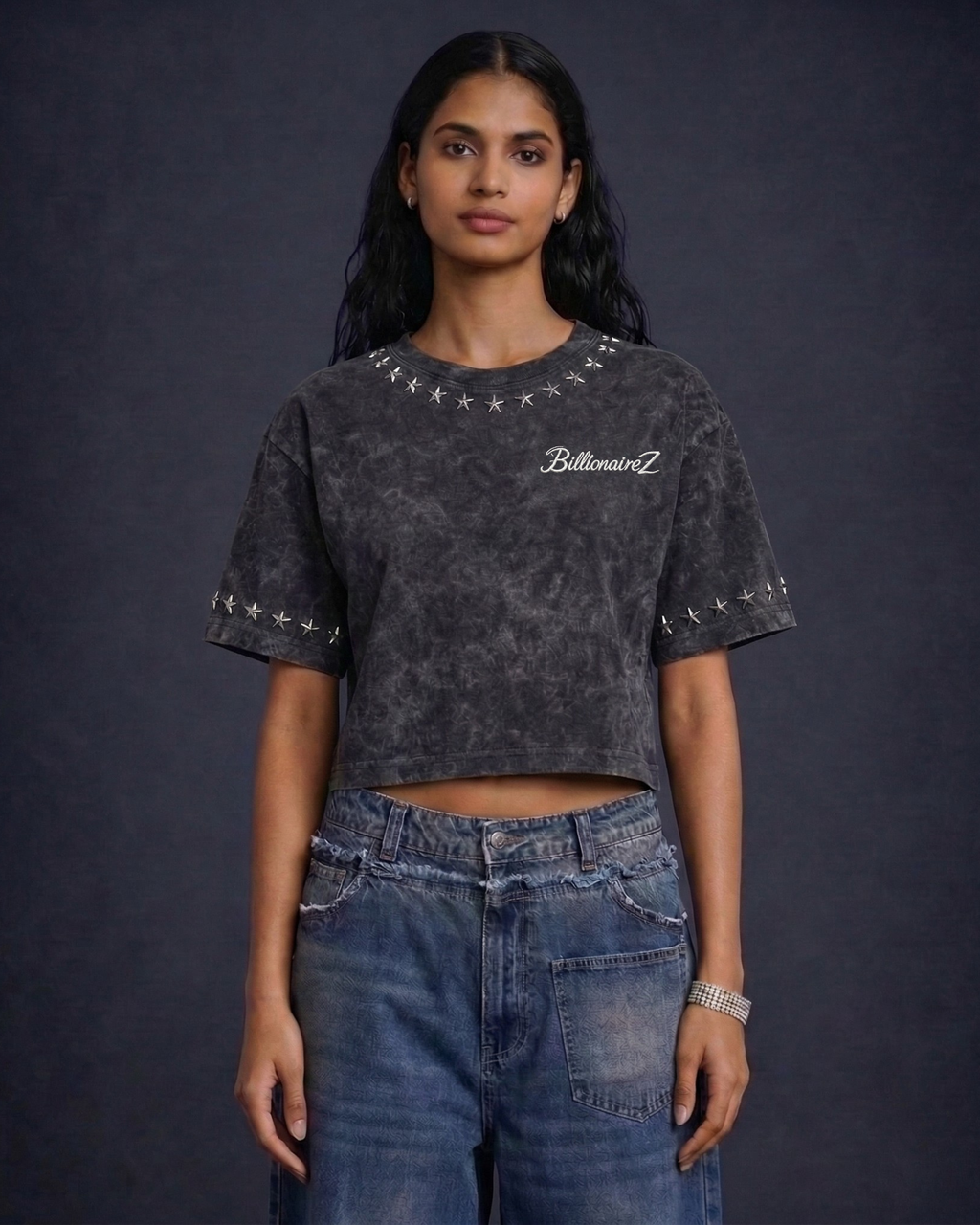 BillionaireZ Star Studded Materialistic Crop Tee- Acid Wash