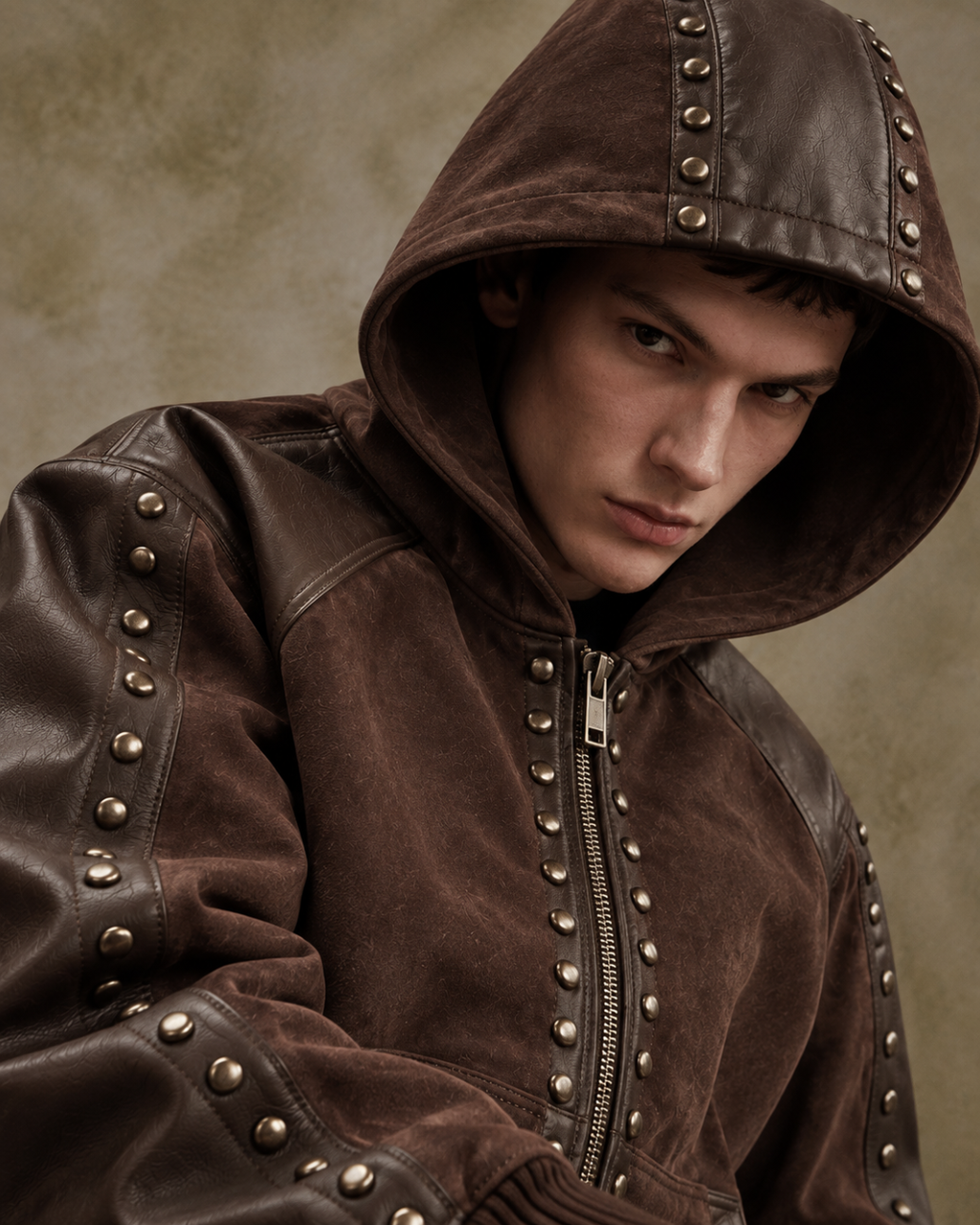 BillionaireZ Rivet Brown Suede Leather Hooded Jacket