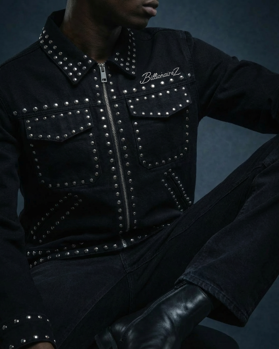 BillionaireZ Noir Regiment Studded Denim Jacket