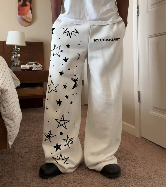 “Starlight Script” Wide-Leg Joggers – White Edition