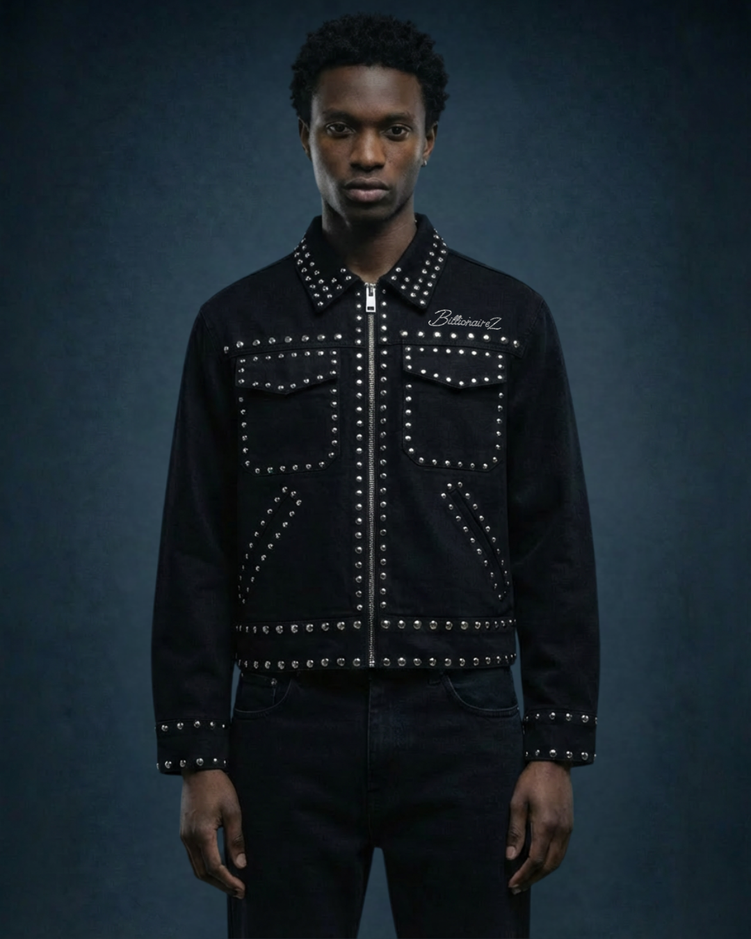 BillionaireZ Noir Regiment Studded Denim Jacket