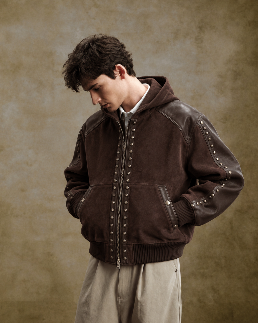BillionaireZ Rivet Brown Suede Leather Hooded Jacket