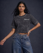 BillionaireZ Star Studded Materialistic Crop Tee- Acid Wash