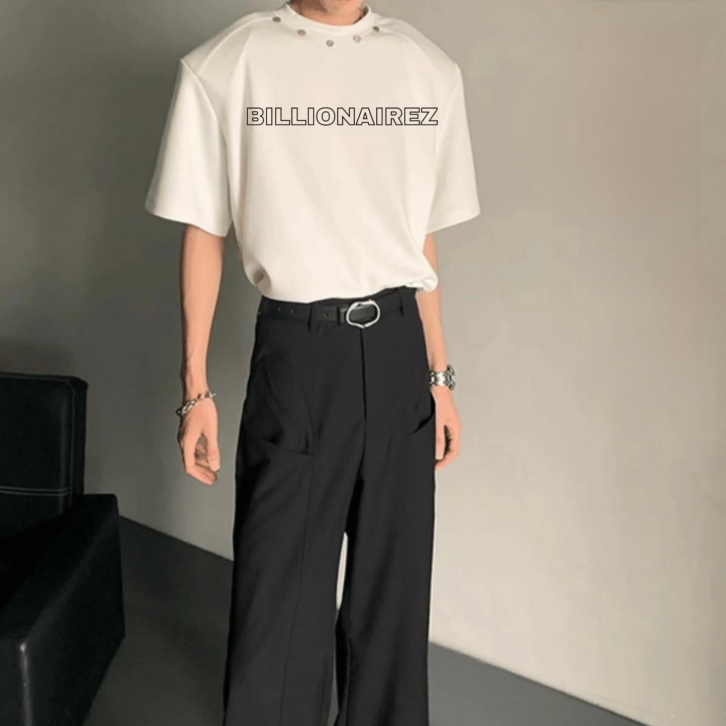 BILLIONAIREZ Neck-Rivet Oversized Tee – White