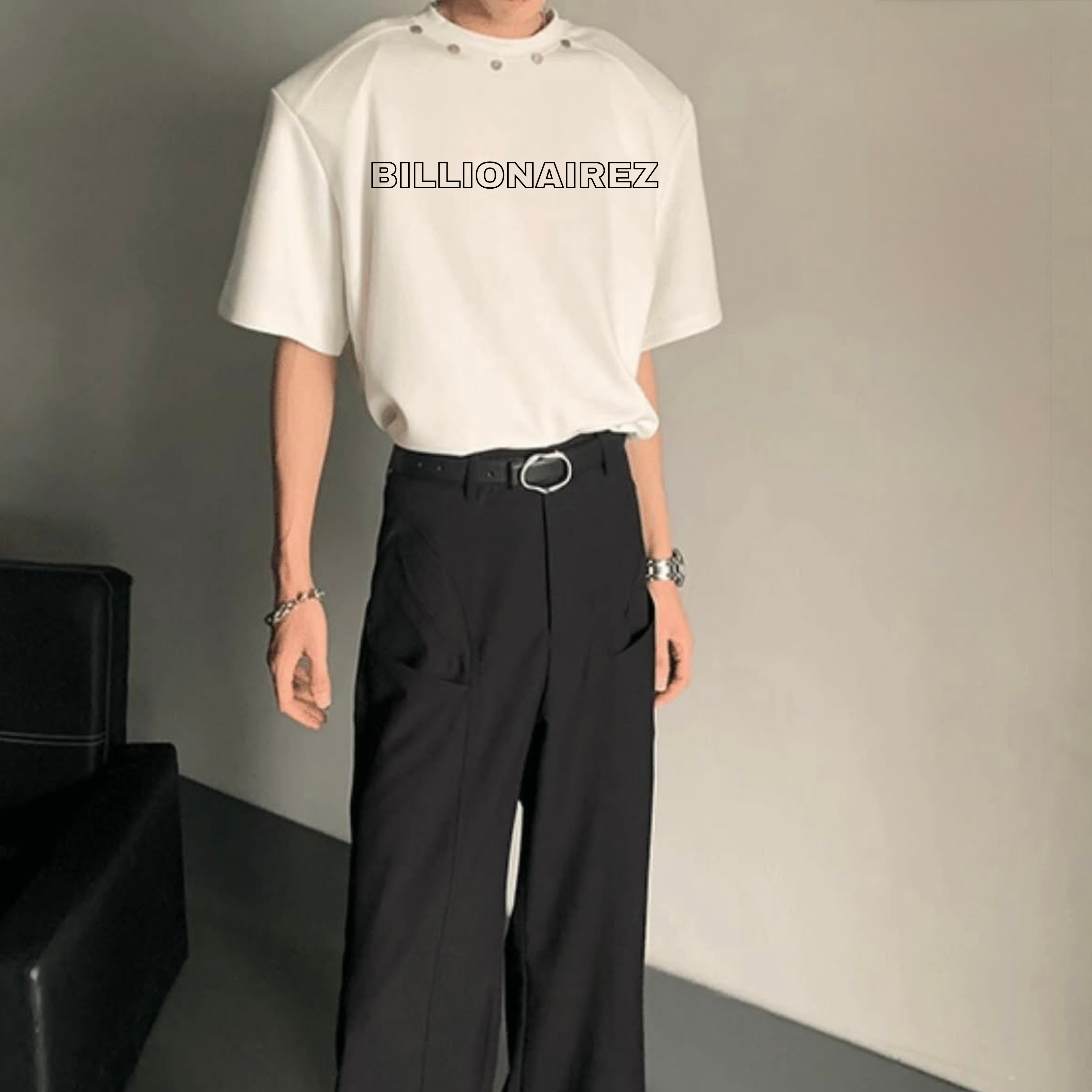 BILLIONAIREZ Neck-Rivet Oversized Tee – White