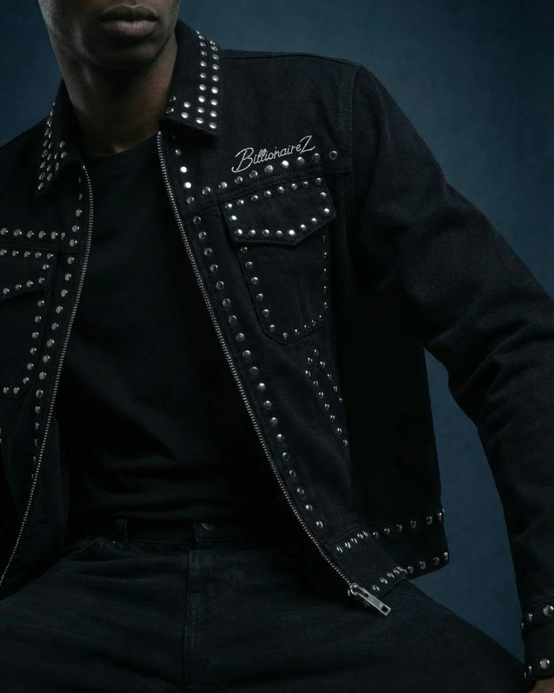 BillionaireZ Noir Regiment Studded Denim Jacket