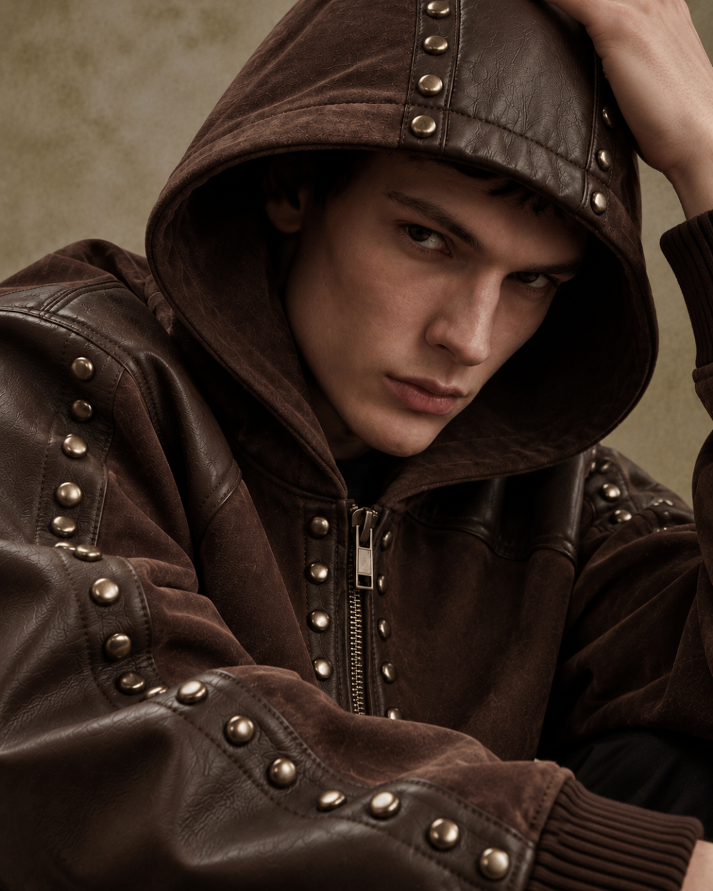 BillionaireZ Rivet Brown Suede Leather Hooded Jacket