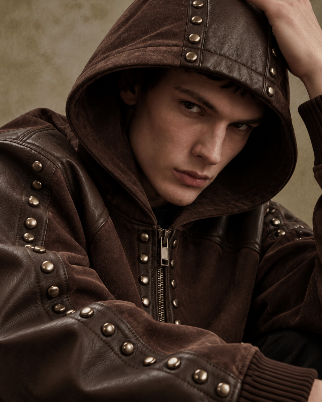BillionaireZ Rivet Brown Suede Leather Hooded Jacket