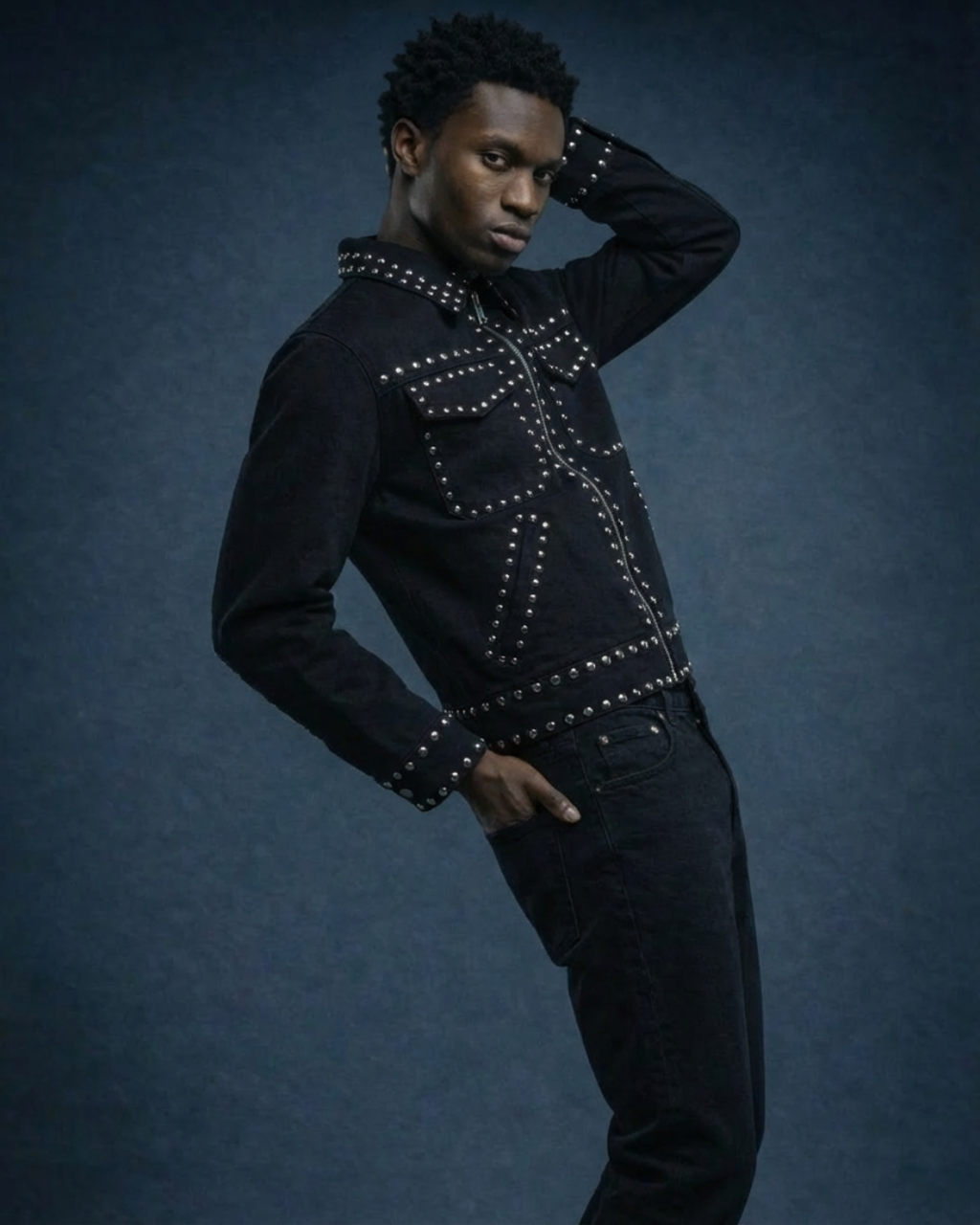 BillionaireZ Noir Regiment Studded Denim Jacket