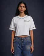 BillionaireZ Star Studded Materialistic Crop Tee- White