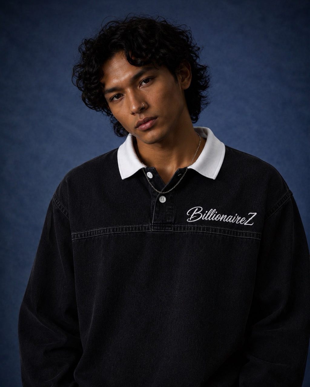 BillionaireZ Black Denim Flared Polo Tee
