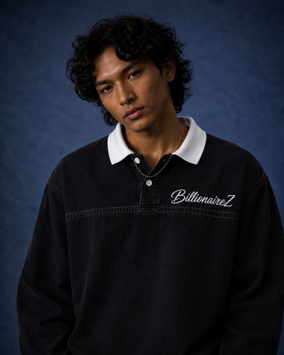 BillionaireZ Black Denim Flared Polo Tee