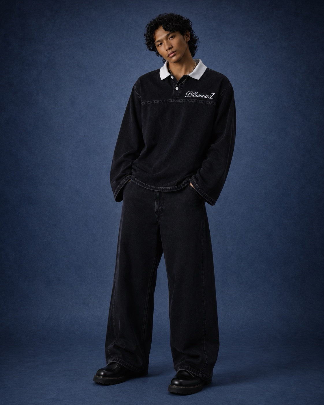 BillionaireZ Black Denim Flared Polo Tee