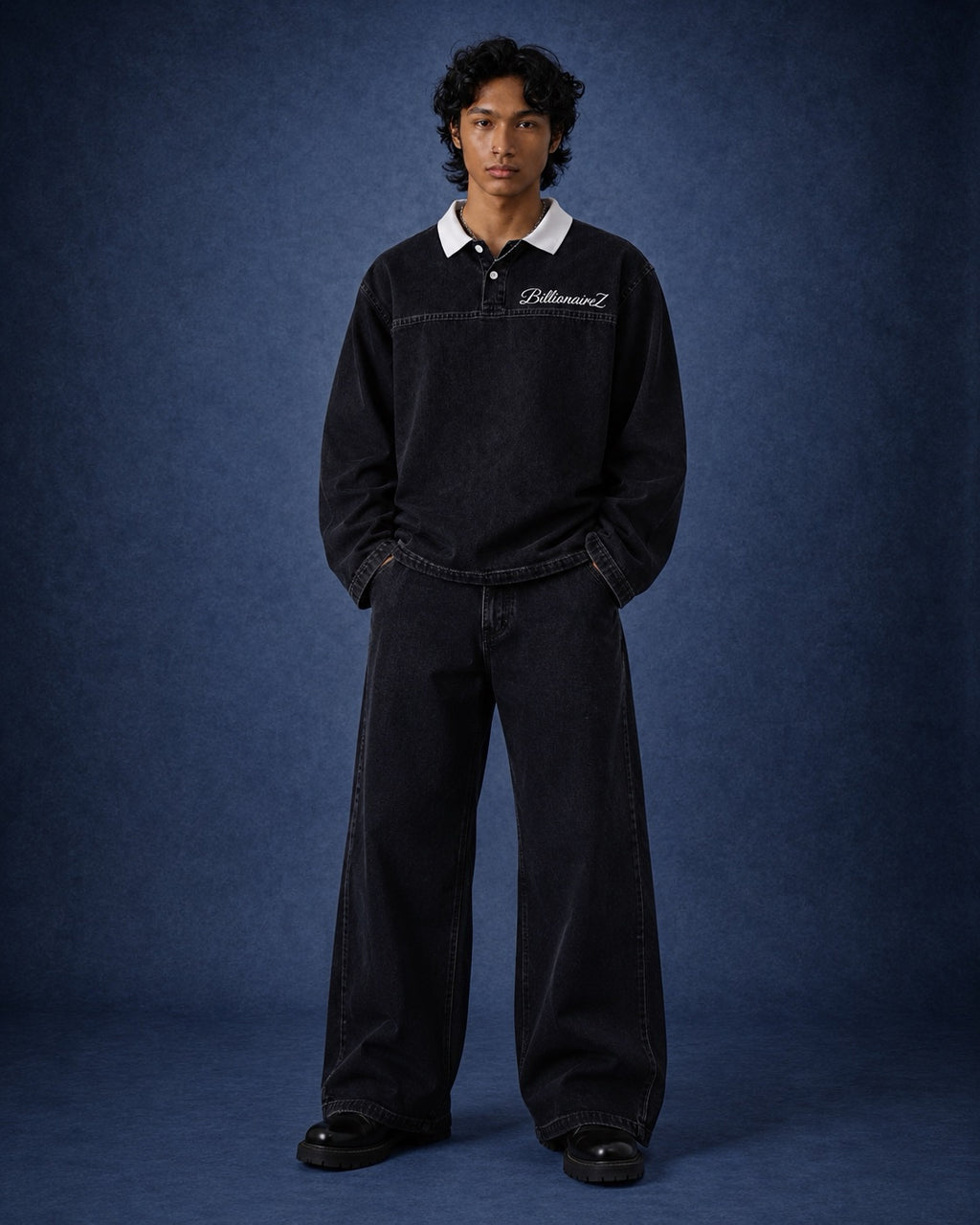 BillionaireZ Black Denim Flared Polo Tee