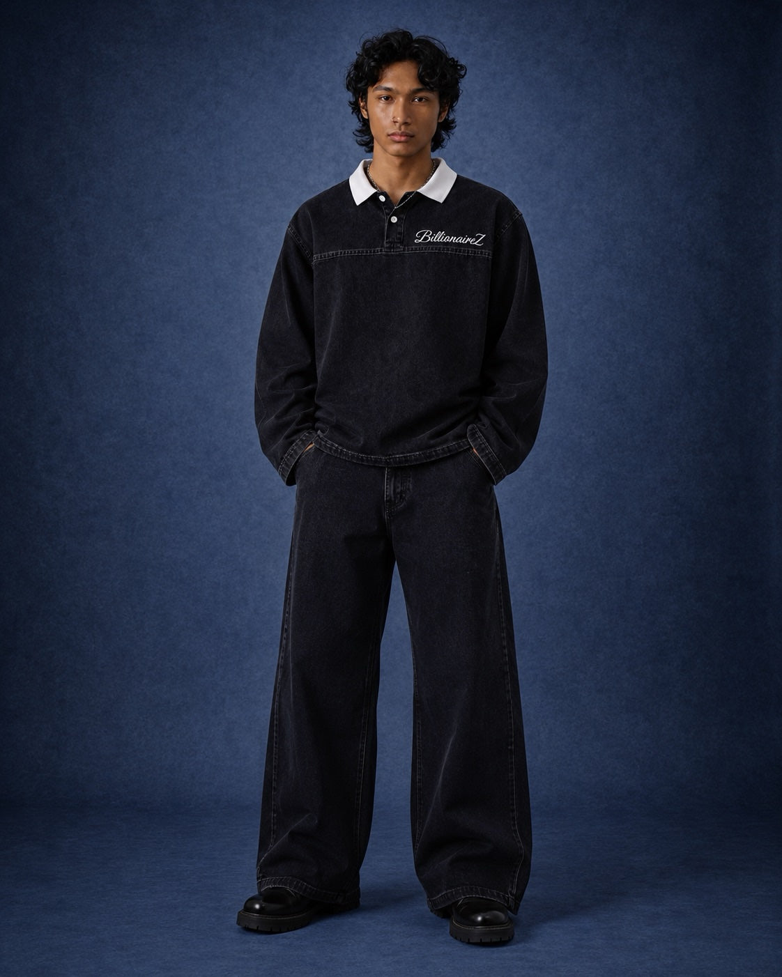 BillionaireZ Black Denim Flared Polo Tee