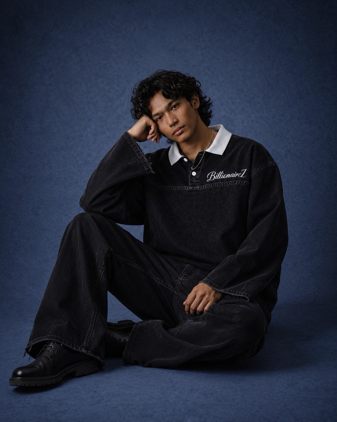 BillionaireZ Black Denim Flared Polo Tee