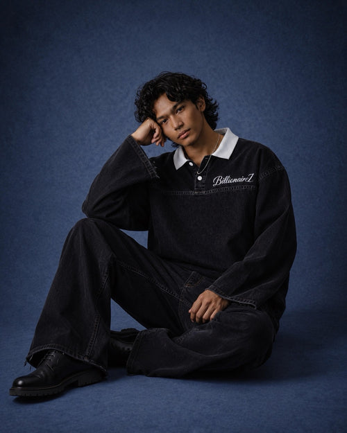 BillionaireZ Black Denim Flared Polo Tee