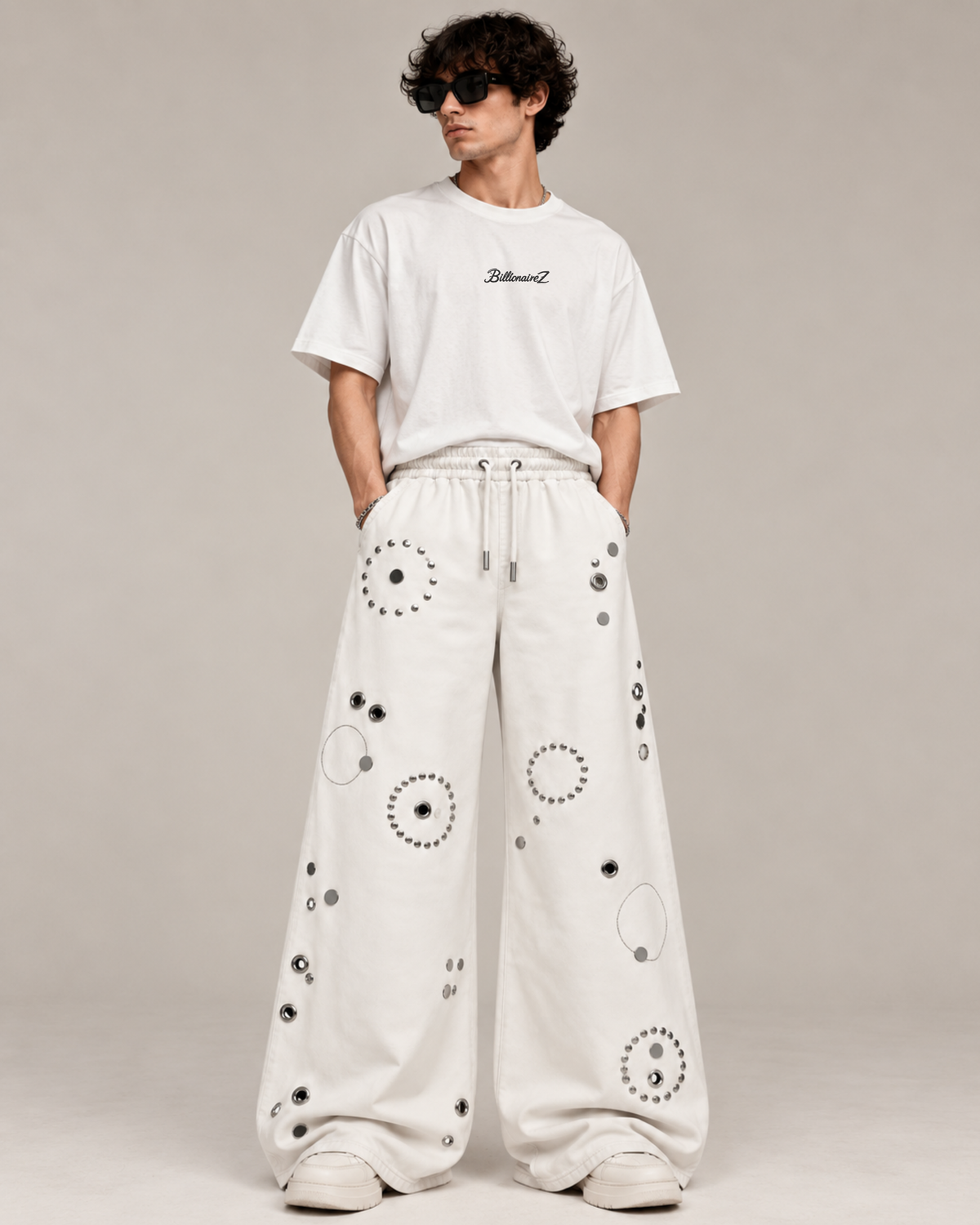 BillionaireZ Orbit Studded Flare Joggers (Ivory)